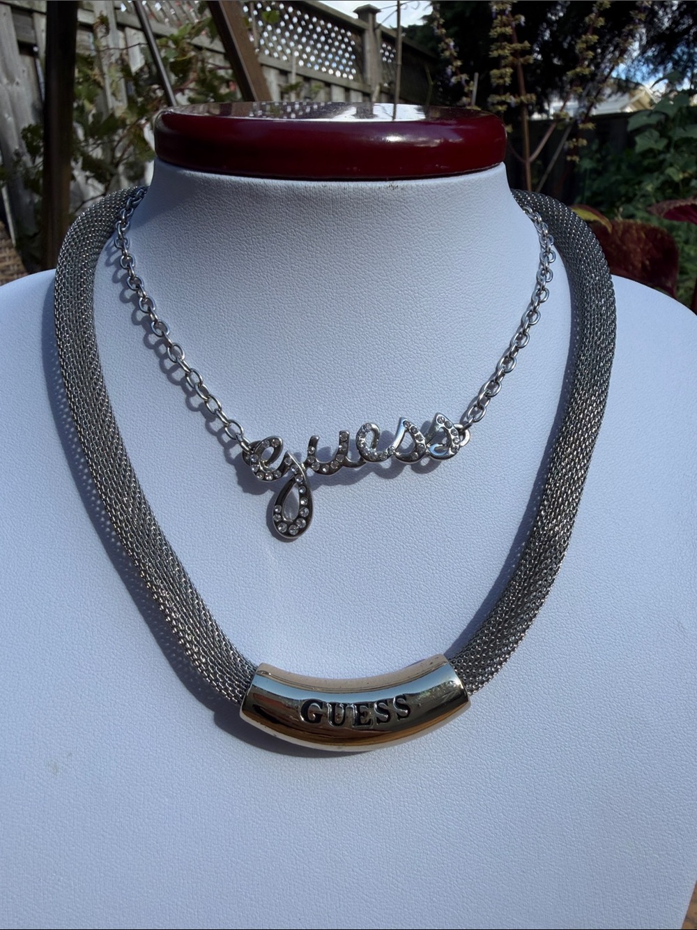 Guess Set of 2 Layered Necklaces Silver Rhinestone Script & Mesh Collar
